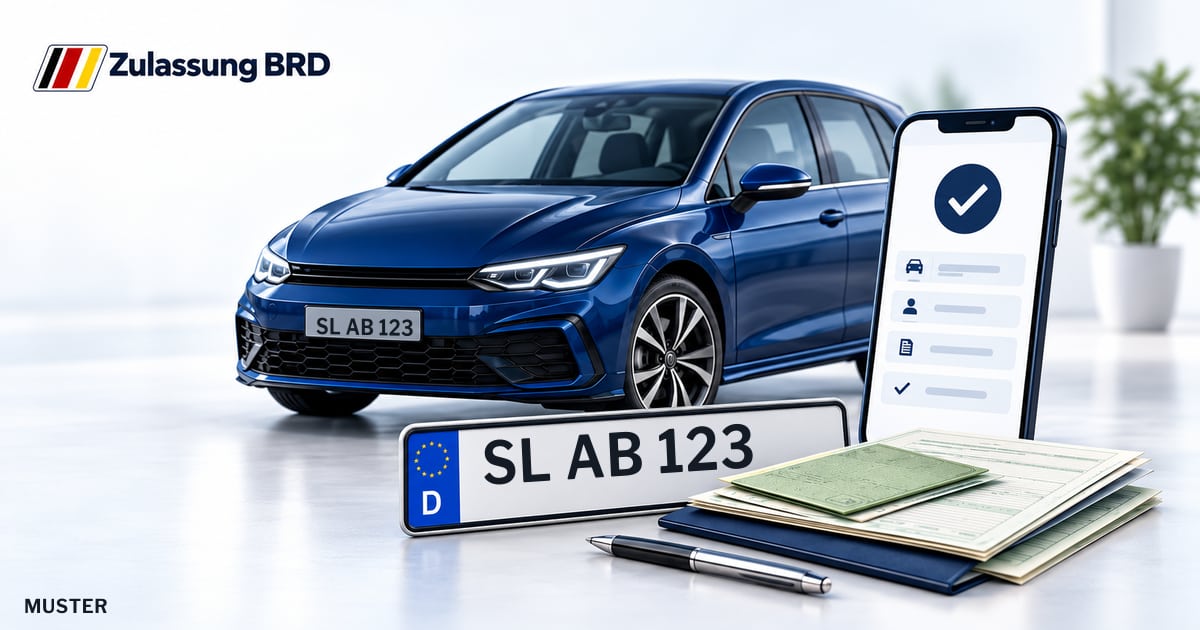 Online Fahrzeugzulassung in Handewitt: Musterkennzeichen SL AB 123, Auto und Fahrzeugpapiere und Smartphone. Illustration mit Logo von Zulassung BRD.